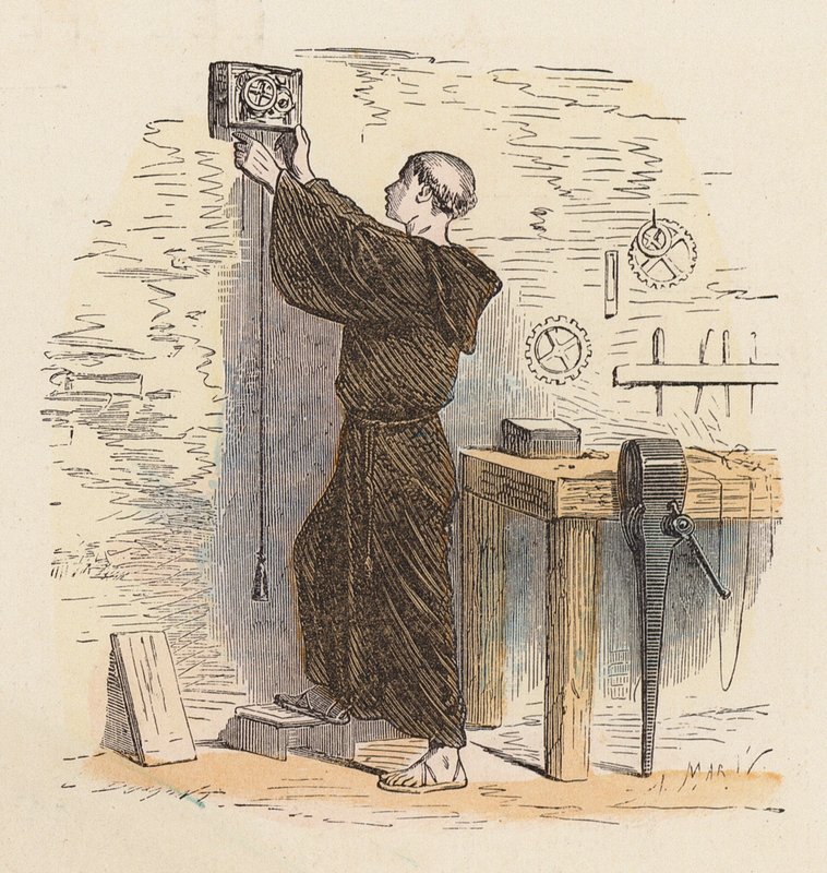 使用时钟报时的僧侣（彩色雕刻） 作者 法语学校
