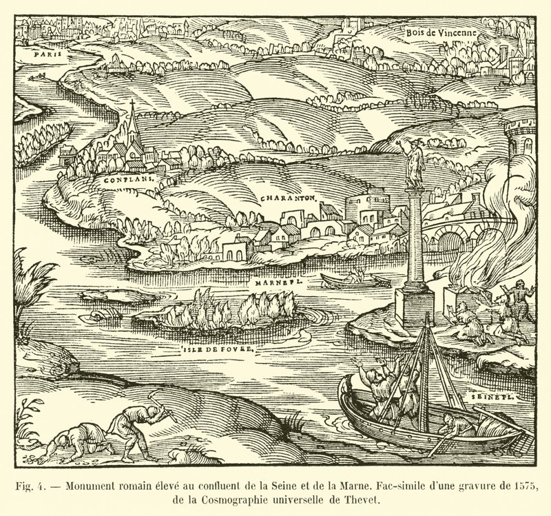 罗马纪念碑位于塞纳河和马恩河交汇处，1575年雕刻的Fac-simile，Thevet&39;s Universal Cosmography 作者 法语学校