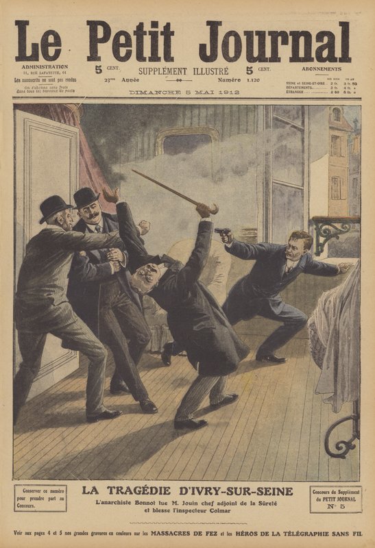 一名无政府主义者在 Ivry-sur-Seine（彩色石版画）谋杀了一名巴黎高级警官 作者 法语学校