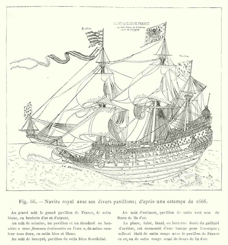带有各种旗帜的皇家船； 1666 年印刷后（雕刻） 作者 法语学校