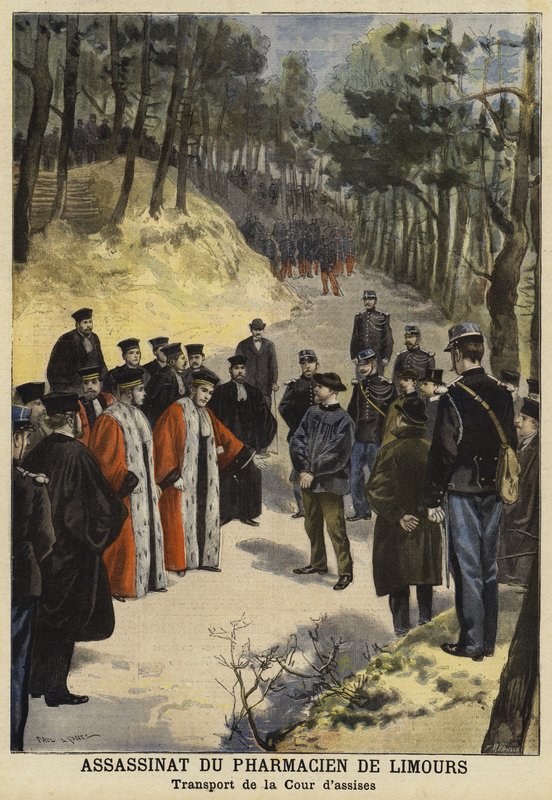 法院官员1897年在法国Royat附近的Limours药剂师Kauffmann先生谋杀案现场 作者 法语学校