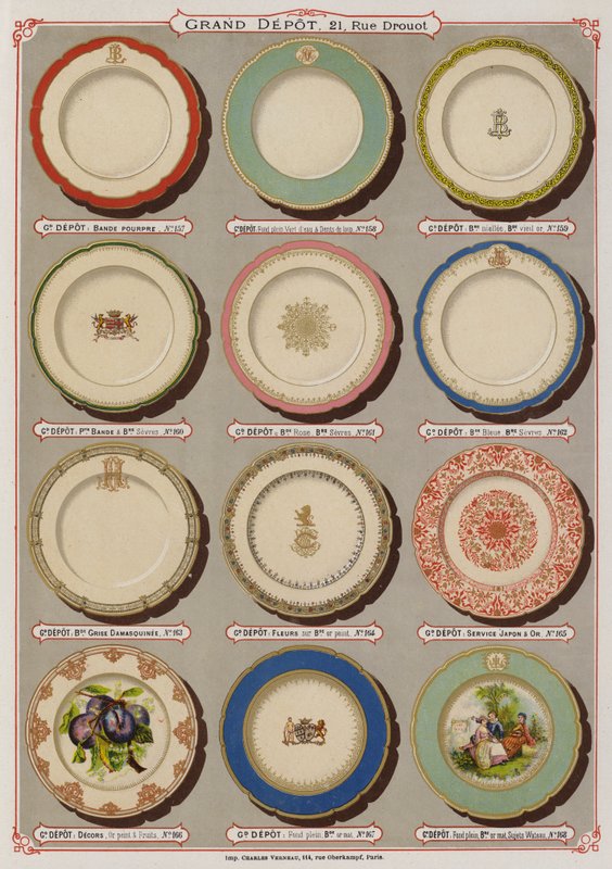 Page from the catalogue of the Grand Depot de Porcelaines, Faiences et Verreries (colour litho) 作者 法语学校