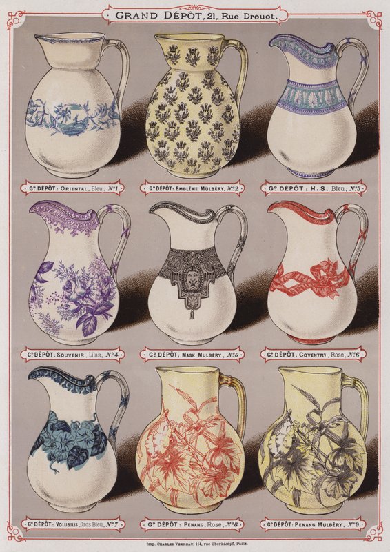 Page from the catalogue of the Grand Depot de Porcelaines, Faiences et Verreries (colour litho) 作者 法语学校