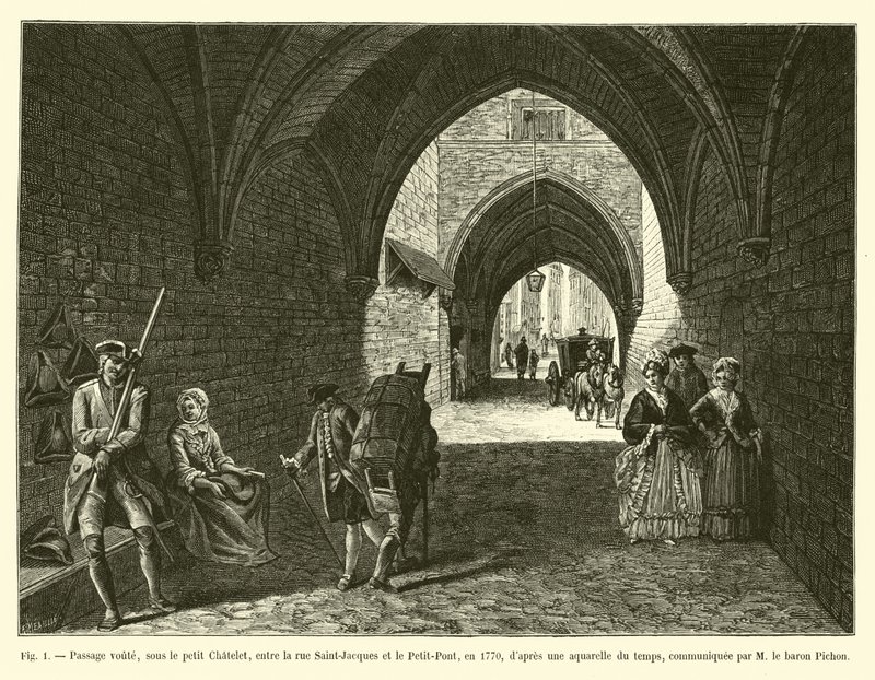 1770年，在Saint-Jacques街和Petit-Pont街之间的小Chatelet下面的通道拱顶，当时的水彩画，由Baron Pichon传达 作者 法语学校