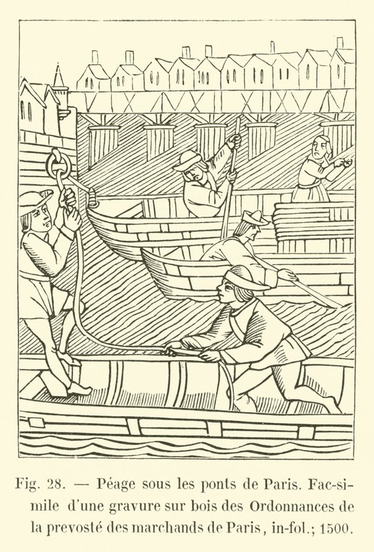 在巴黎的桥梁下的Peage，Fac-simile是巴黎主要商人的条例木刻，in-fol; 1500 作者 法语学校