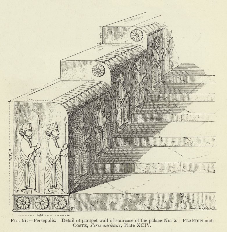 Persepolis, Detail of parapet wall of staircase of the palace No 2 (engraving) 作者 法语学校