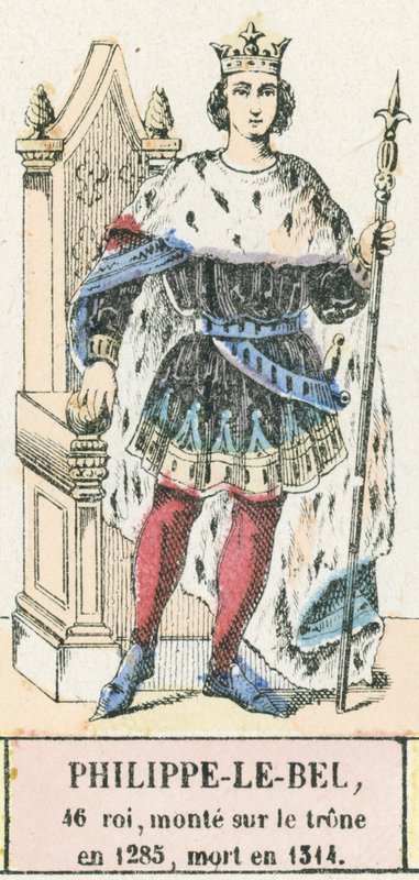 菲利普勒贝尔，第 46 代国王，1285 年即位，卒于 1314 年（彩刻） 作者 法语学校