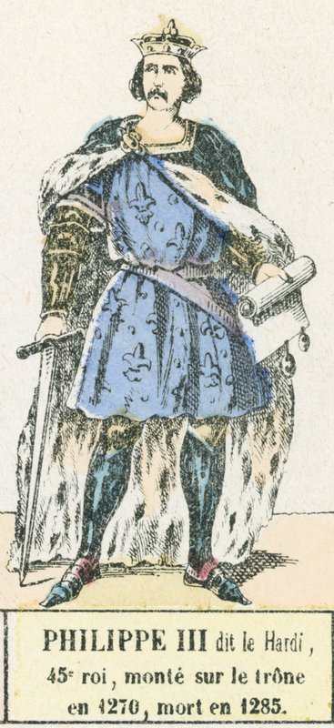 大胆的菲利普三世，第45位国王，1270年登基，1285年去世（彩绘版画）。 作者 法语学校
