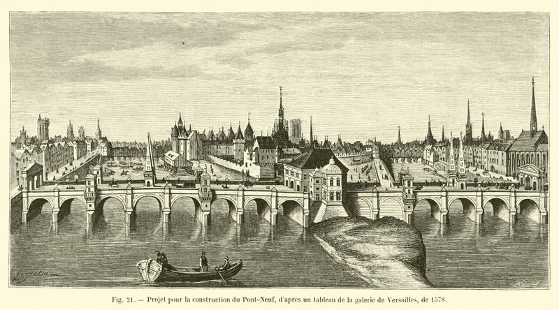 建筑Pont-Neuf的项目，来自凡尔赛画廊的一幅画，1578年 作者 法语学校