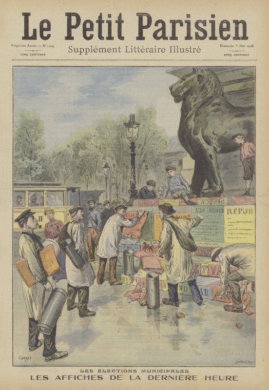 Putting up posters for the French municipal elections (colour litho) 作者 法语学校