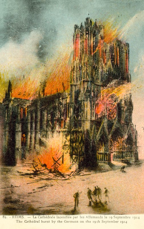 Reims, Cathedral burnt by the Germans on 19 September 1914 (colour litho) 作者 法语学校