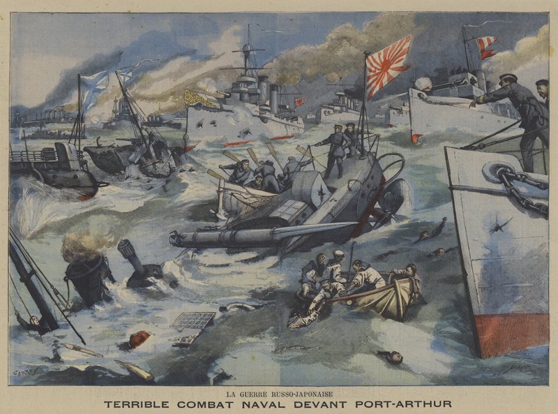 Russo-Japanese War: naval battle off Port Arthur (colour litho) 作者 法语学校