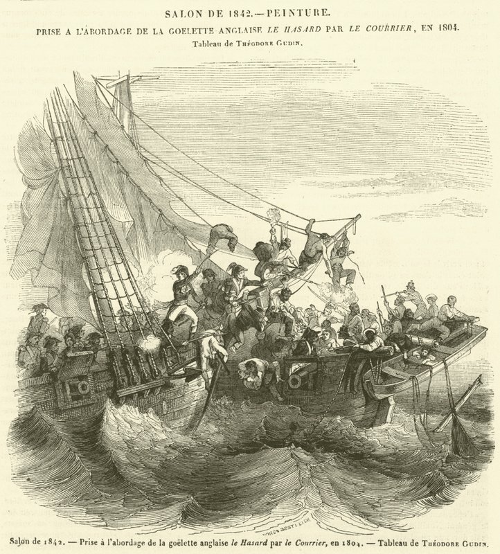1842年的沙龙，《信使报》1804年登上英国双桅船Le Hasard号（雕刻）。 作者 法语学校