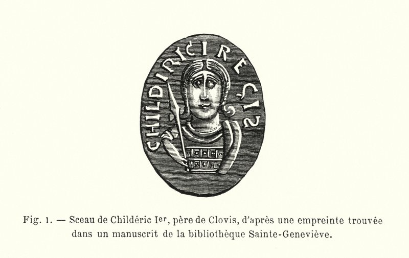 克洛维斯之父 Childeric I 的印章，在 Sainte-Genevieve 图书馆的一份手稿中发现的印记（雕刻） 作者 法语学校