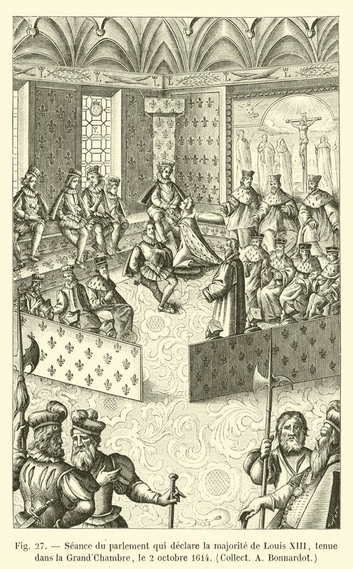 1614年10月2日在大会堂举行的宣布占路易十三大多数的议会议员，收集一名Bonnardot 作者 法语学校