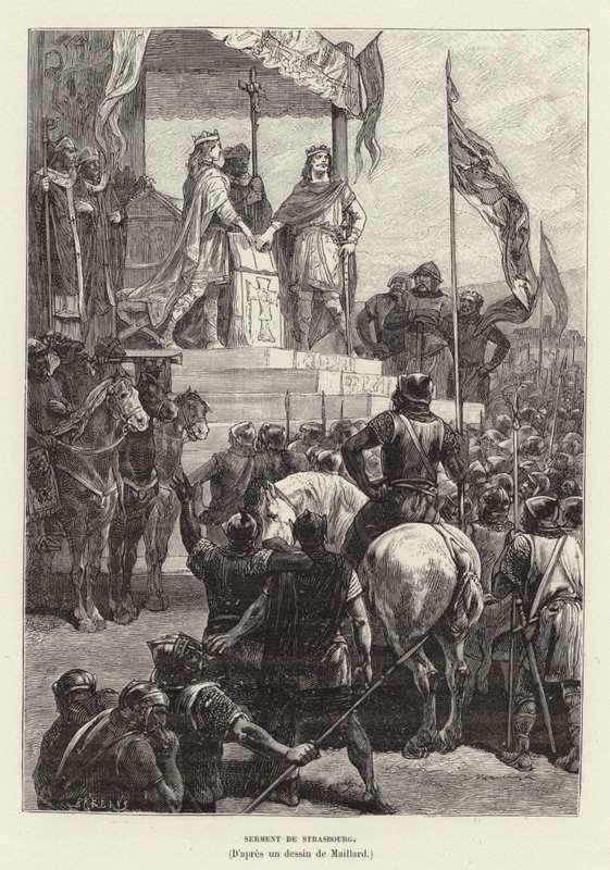 Serment de Strasbourg. Oaths of Strasbourg, the alliance between Louis the German and Charles the Bald, Kings of East and West Francia, 842 (engraving) 作者 法语学校