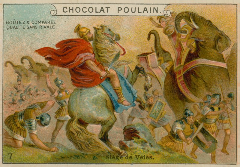围攻Veii，Chocolat Poulain贸易卡 作者 法语学校