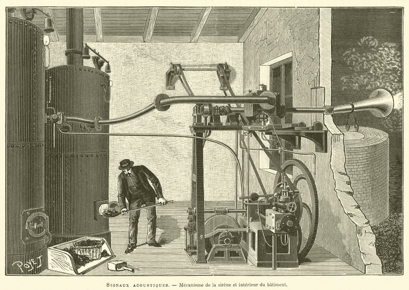 Signaux acoustiques, Mecanisme de la sirene et interieur du batiment (engraving) 作者 法语学校