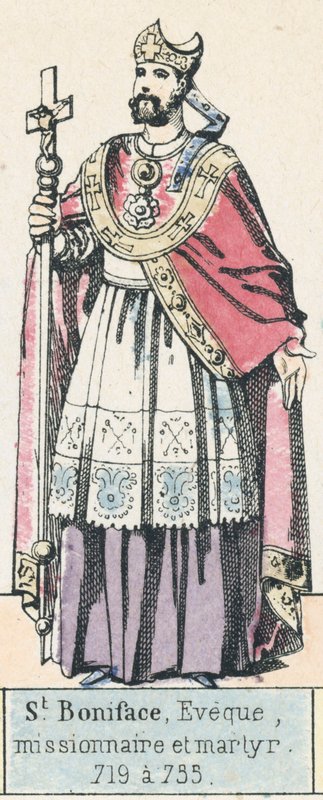 圣博尼法斯，主教、传教士和殉道者，719年至735年（彩色雕刻）。 作者 法语学校