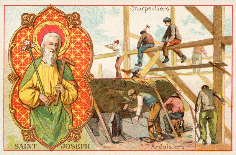 St Joseph, patron saint of carpenters and roofers (chromolitho) 作者 法语学校
