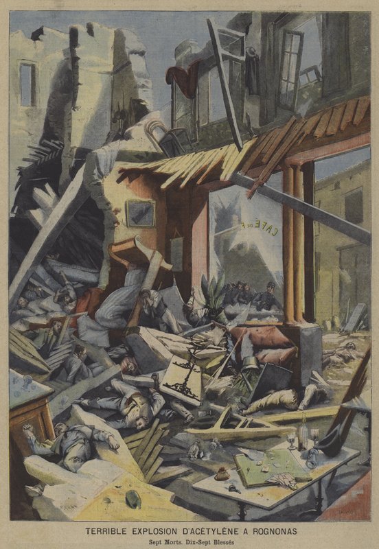 Terrible acetylene gas explosion in a cafe in Rognonas, France (colour litho) 作者 法语学校