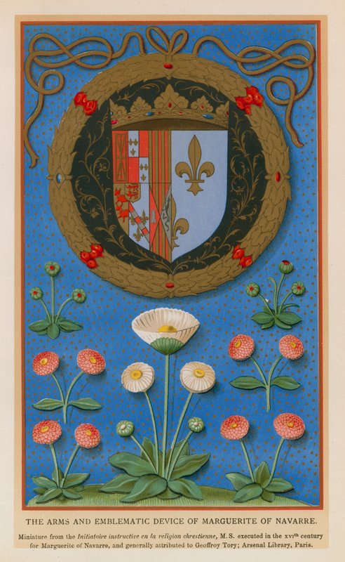 纳瓦拉的玛格丽特（Marguerite of Navarre）的徽章和标志装置（chromolitho）。 作者 法语学校