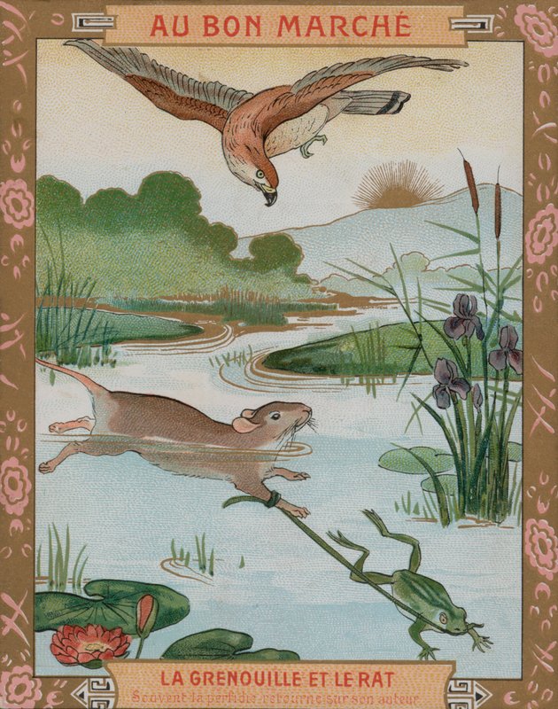 青蛙和老鼠，伊索寓言之一（chromolitho） 作者 法语学校