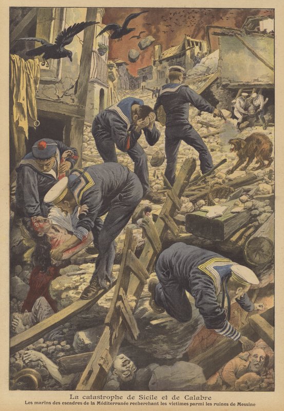 1908年墨西拿地震，西西里岛（彩色平版印刷）。 作者 法语学校