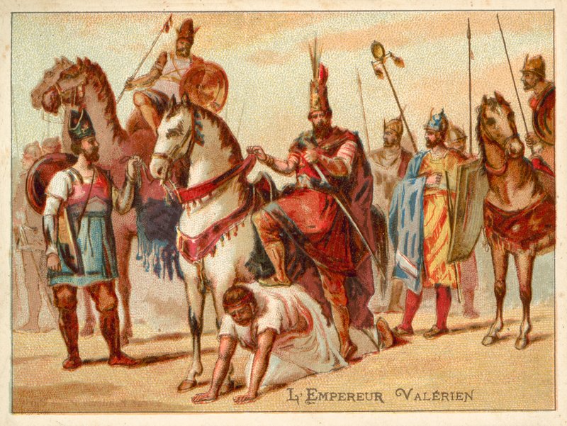 The Persian King Shapur I using the captured Roman Emperor Valerian as a footstool, c260 (chromolitho) 作者 法语学校