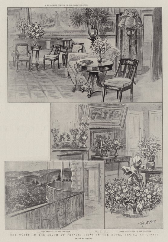 法国南部的女王，Cimiez 的里贾纳酒店的景色（石版画） 作者 法语学校