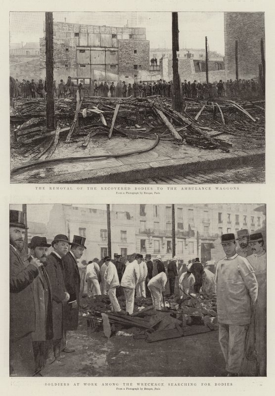 The Removal of the recovered bodies to the Ambulance Waggons, Soldiers at Work among the Wreckage searching for bodies (engraving) 作者 法语学校