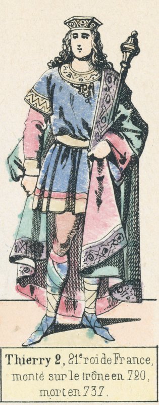 Thierry 2, 21e roi de France, monte sur le trone en 720, mort en 737 (coloured engraving) 作者 法语学校