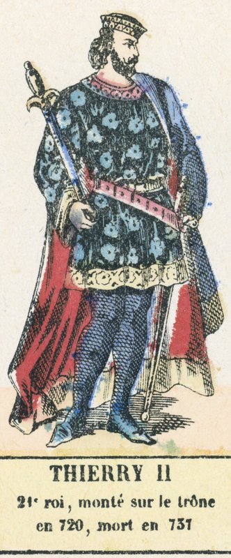 Thierry II, 21e roi, monte sur le trone en 720, mort en 737 (coloured engraving) 作者 法语学校