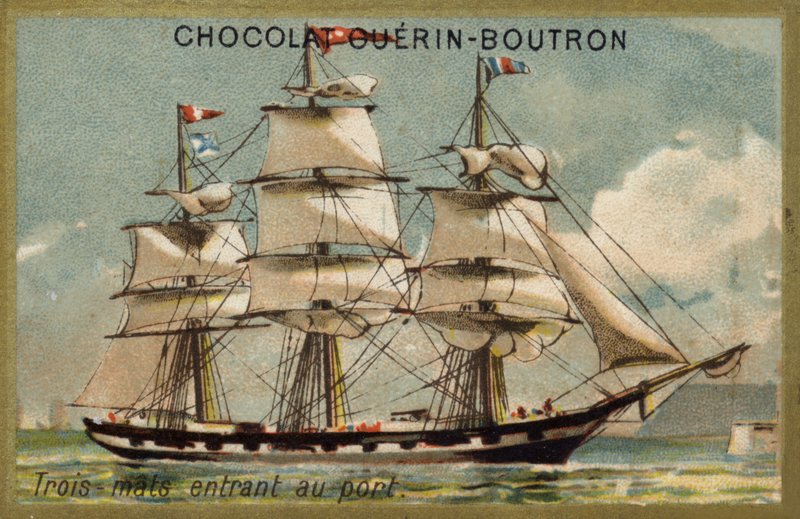Three-masted sailing ship entering port (chromolitho) 作者 法语学校