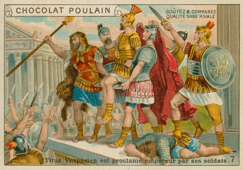 泰特斯被宣布为皇帝，Chocolat Poulain交易卡 作者 法语学校
