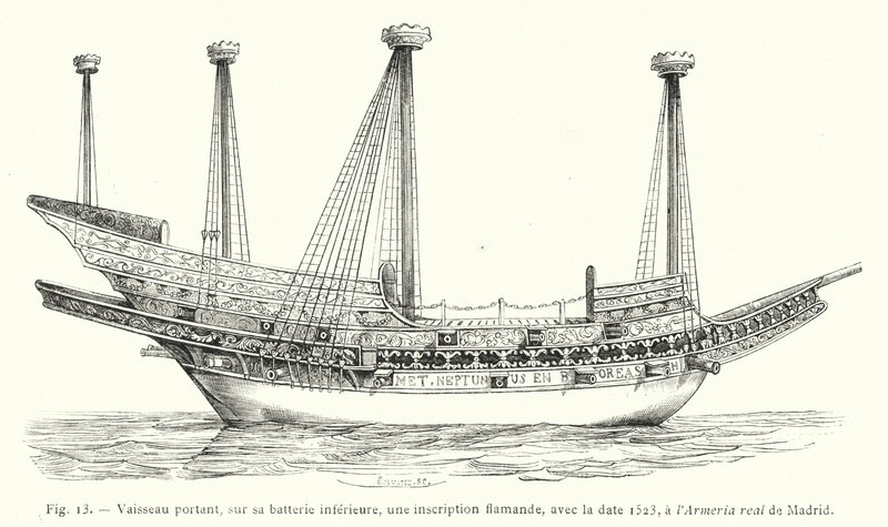 船的下部电池上有佛兰德铭文，日期为 1523 年，位于 Armeria real de Madrid（雕刻） 作者 法语学校