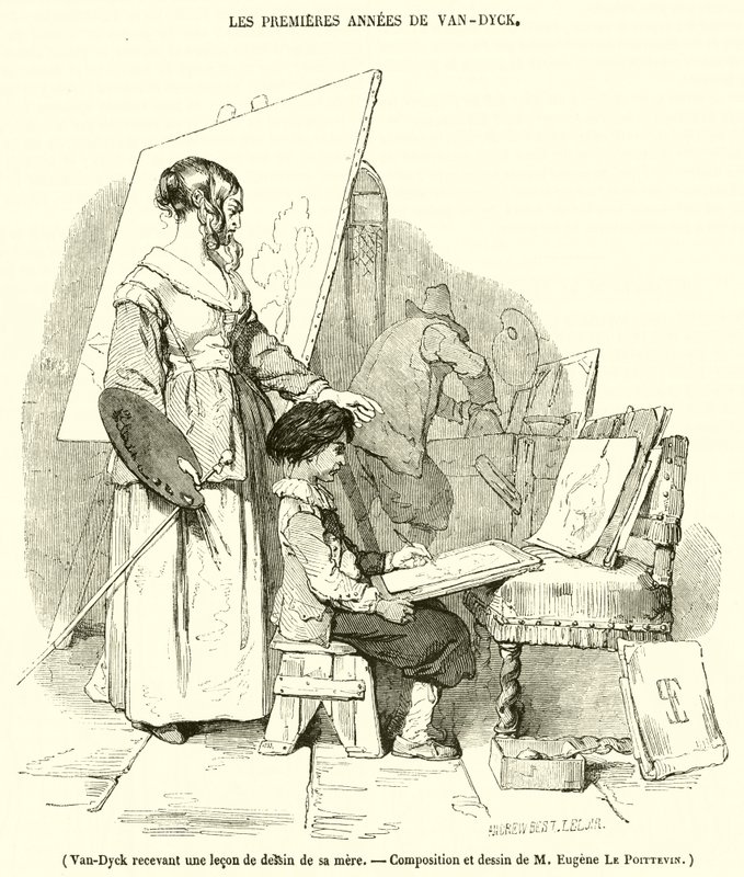 范戴克从他的母亲那里接受绘画课（雕刻） 作者 法语学校