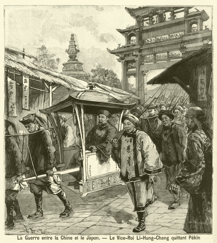 甲午战争期间总督李鸿章离开北京（雕刻）。 作者 法语学校