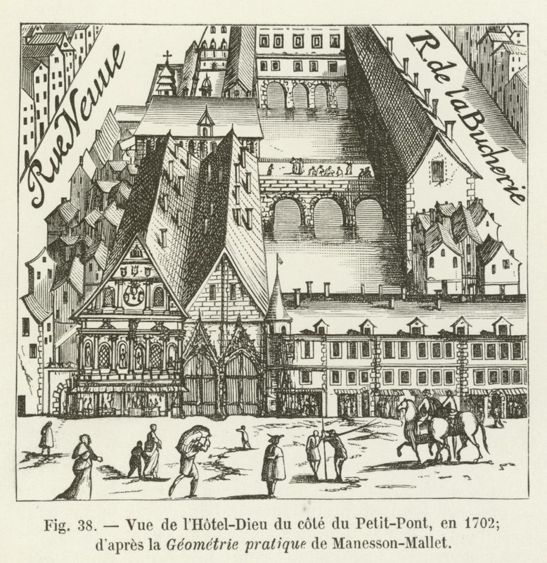1702年在Petit-Pont一侧观看Hotel-Dieu酒店; dapres Manesson-Mallet的实用几何形状 作者 法语学校