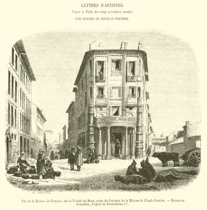 从 Claude Lorrain 家族的门廊拍摄的 Trinite du Mont 上的 Maison du Poussin 的景色（雕刻） 作者 法语学校