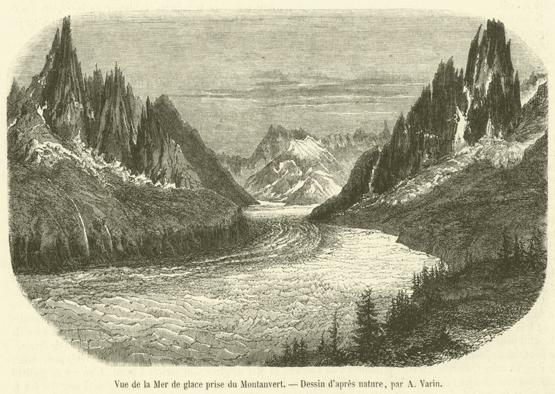 从Montanvert拍摄的冰河景色（雕刻）。 作者 法语学校