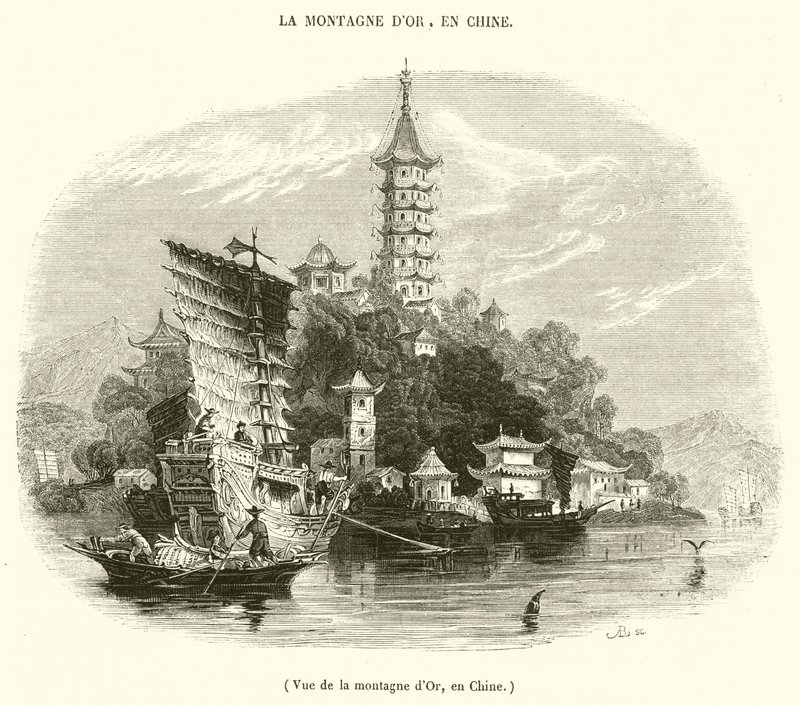 中国的金山景色（雕刻）。 作者 法语学校