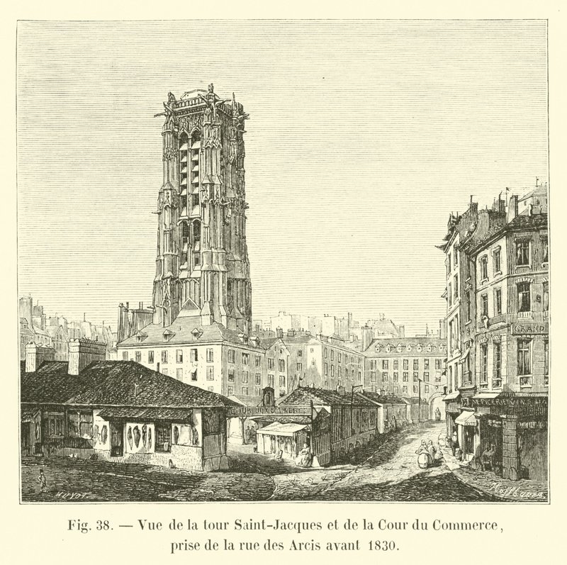 圣雅克塔和Cour du Commerce的视图，取自1830年前的rue des Arcis 作者 法语学校
