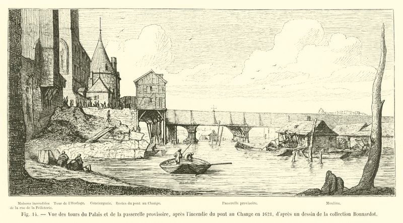在1621年Pont au Change火灾之后，从Bonnardot系列的绘图中看到了宫殿和临时桥梁的塔楼 作者 法语学校