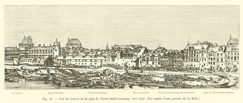 俯瞰卢浮宫和Quai de l&39;Ecole-Saint-Germain，大约1640年，Fac-simile雕刻的La Belle 作者 法语学校