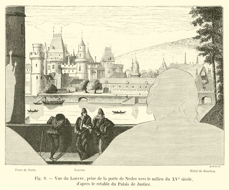 卢浮宫的视图，取自15世纪中叶的Porte de Nesles，来自Palais de Justice的祭坛画 作者 法语学校