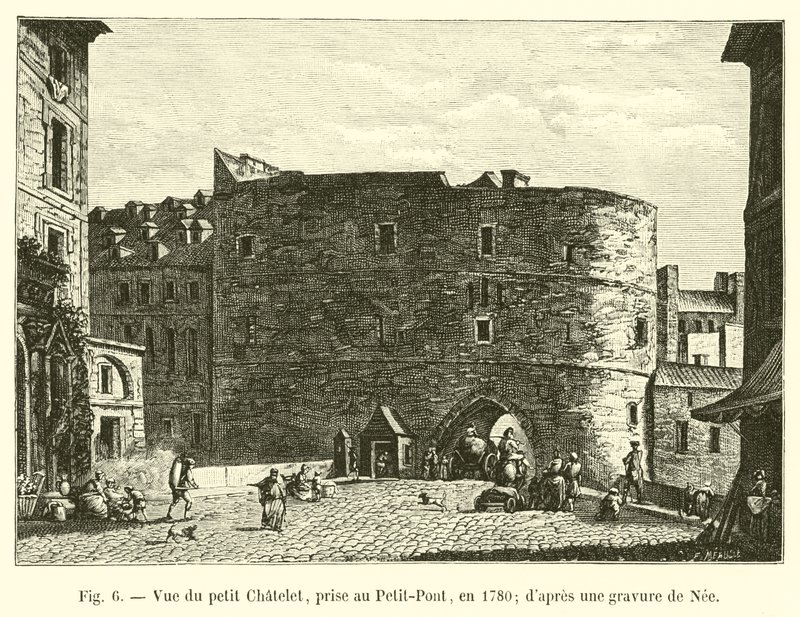 1780年在Petit-Pont拍摄的小Chatelet景观;经过倪的雕刻 作者 法语学校