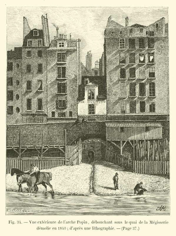 Popin落叶松的外观，于1840年在被拆毁的Megisserie码头下抛出; dapres一个石版画 作者 法语学校
