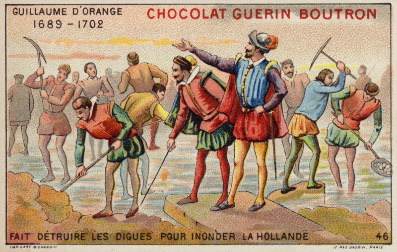 William of Orange destroying dikes to allow the flooding of Holland (chromolitho) 作者 法语学校