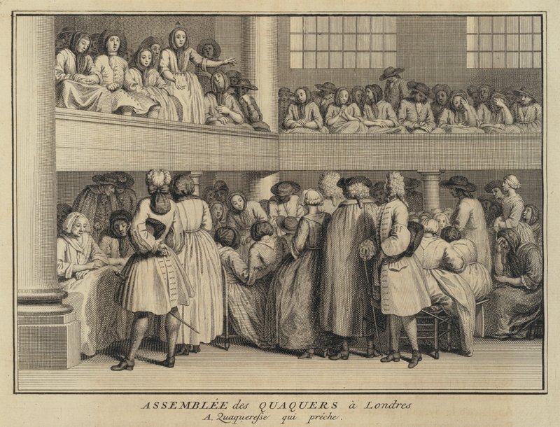 在伦敦贵格会会议上讲道的妇女（版画） 作者 法语学校